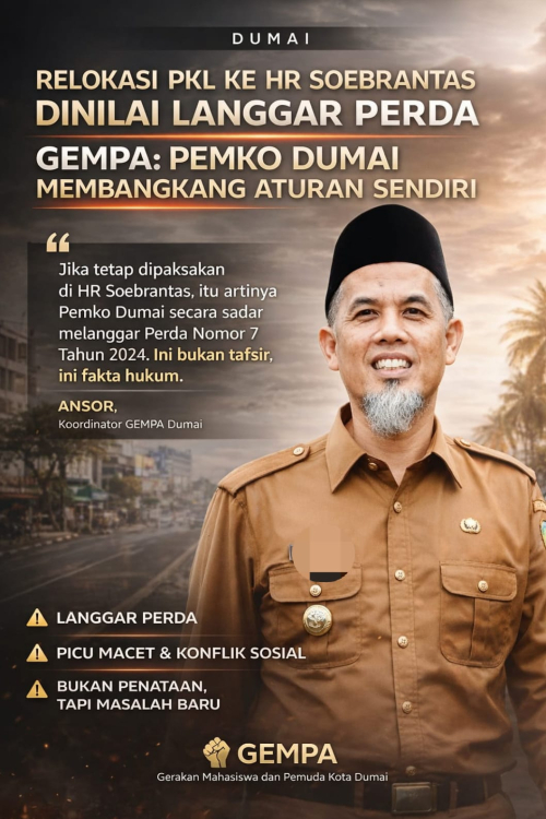 Relokasi PKL ke HR Soebrantas Dinilai Langgar Perda, GEMPA: Pemko Dumai Membangkang Aturan Sendiri