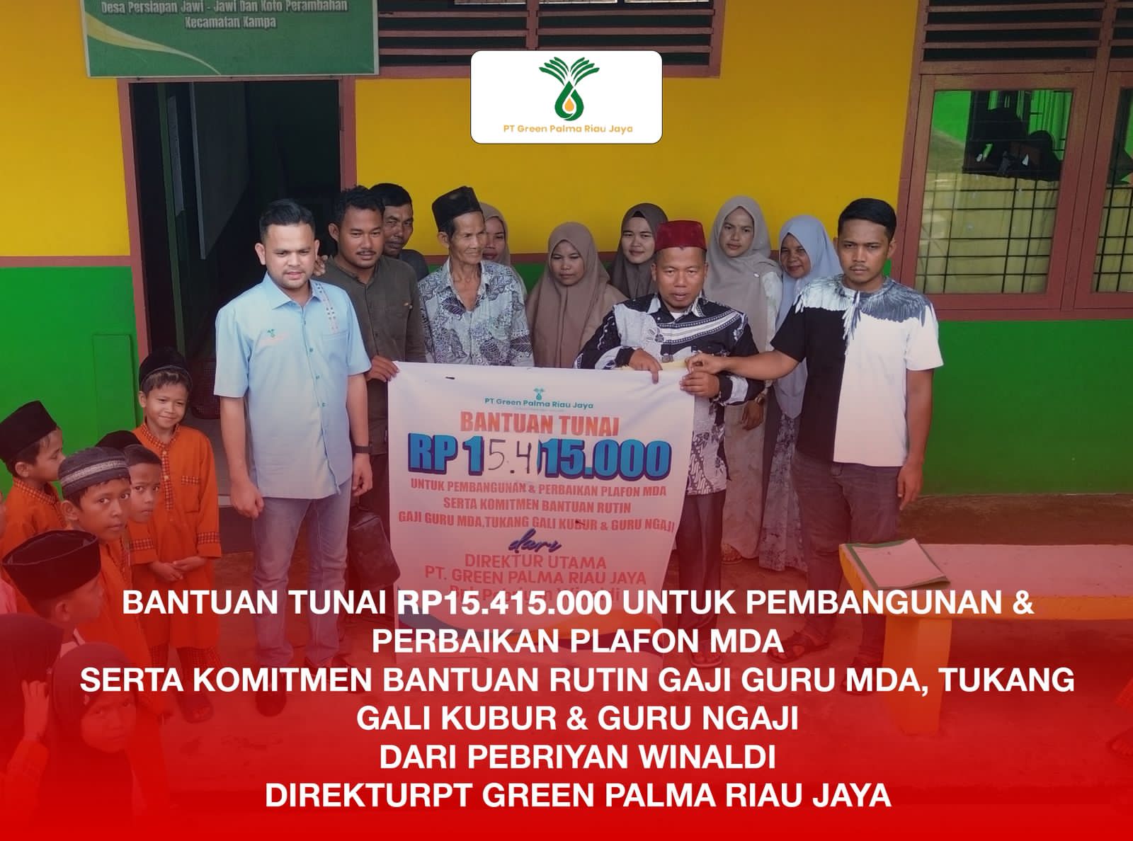 PT Green Palma Riau Jaya Salurkan Bantuan Rp15,4 Juta untuk Pembangunan MDA dan Gaji Guru Ngaji di Kampar