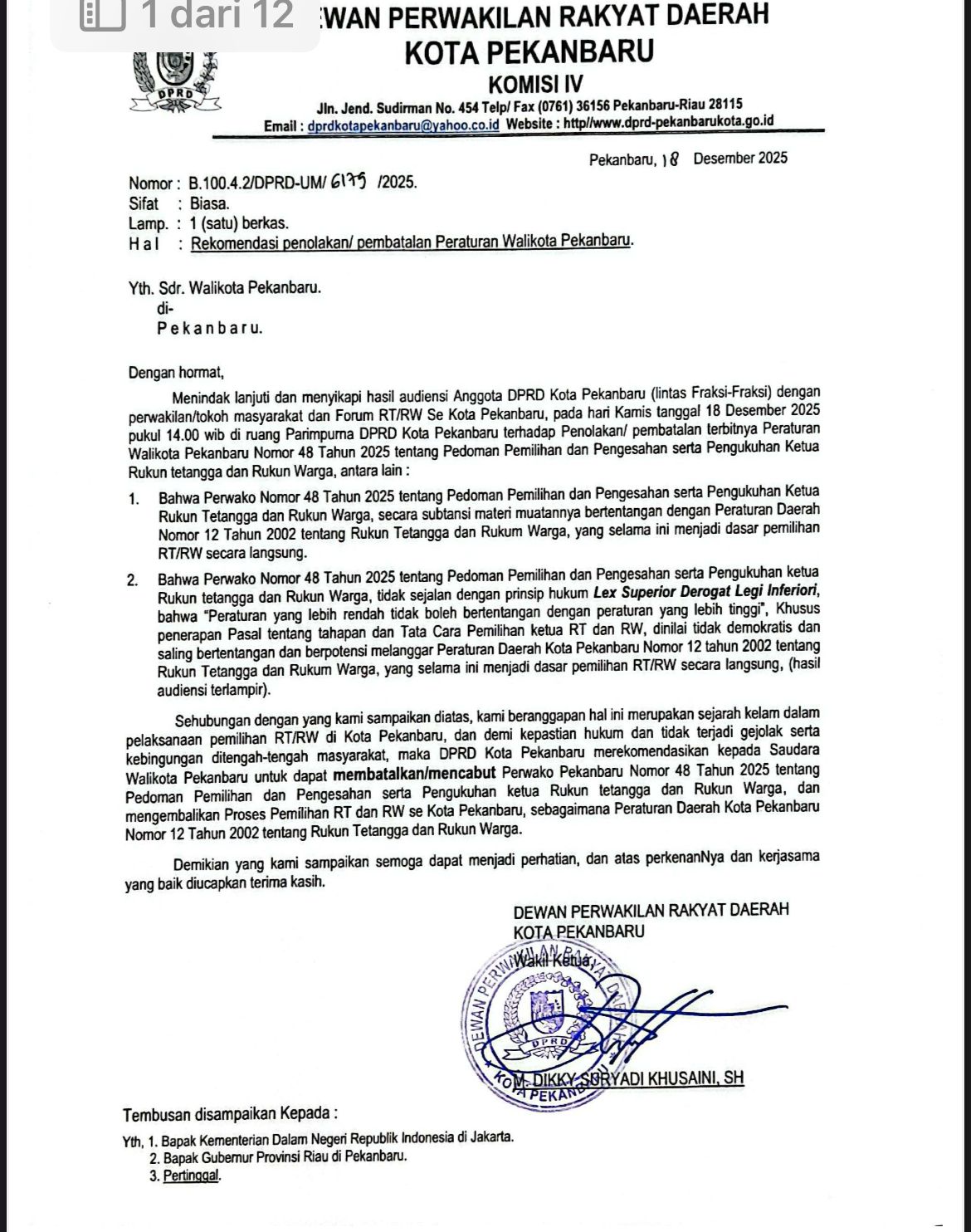 Gelombang Perlawanan Warga Menang! DPRD Pekanbaru Rekomendasikan Pembatalan Perwako RT/RW yang Dinilai Cacat Demokrasi