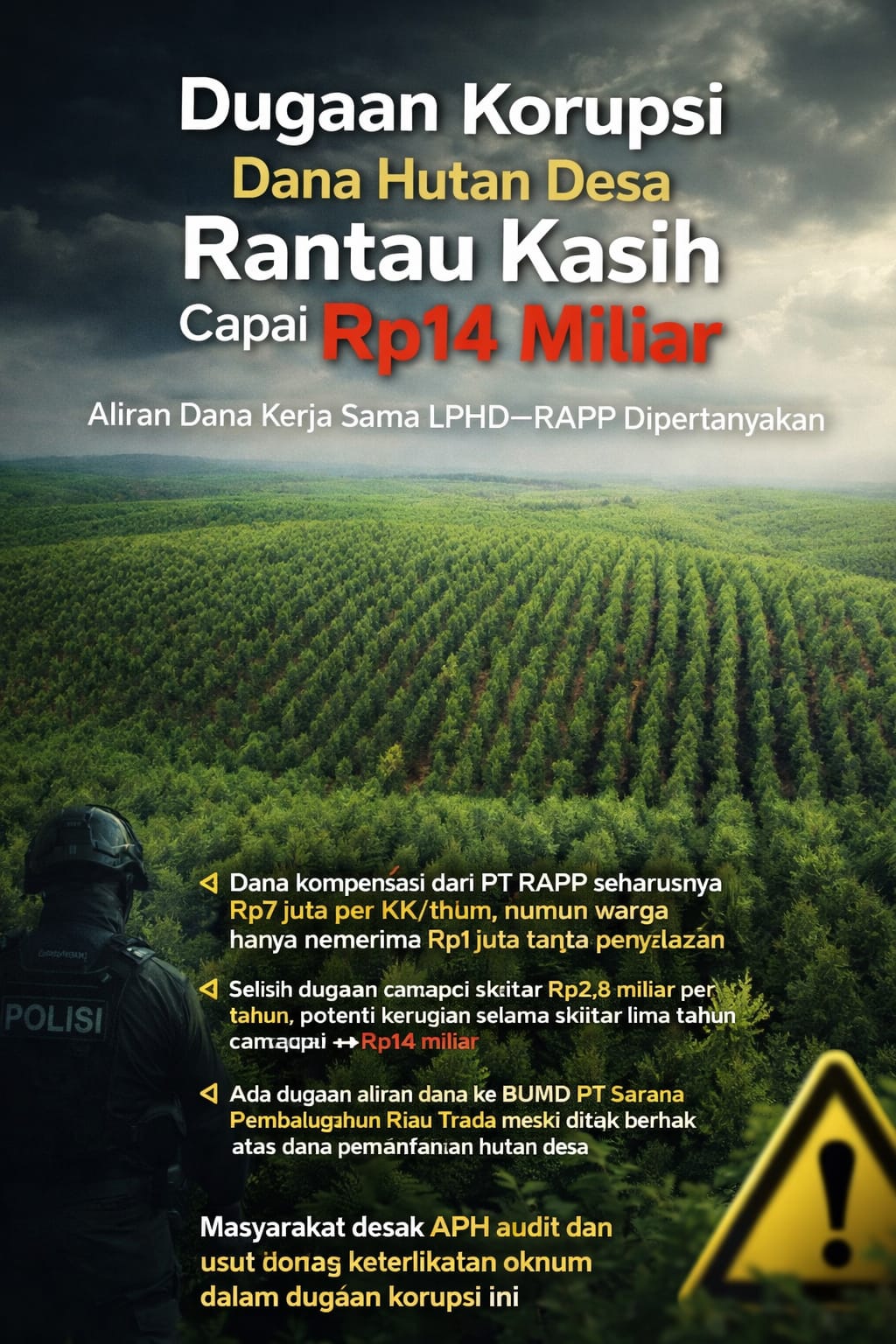 Dugaan Korupsi Dana Hutan Desa Rantau Kasih Capai Rp14 Miliar, Aliran Dana Kerja Sama LPHD-RAPP Dipertanyakan