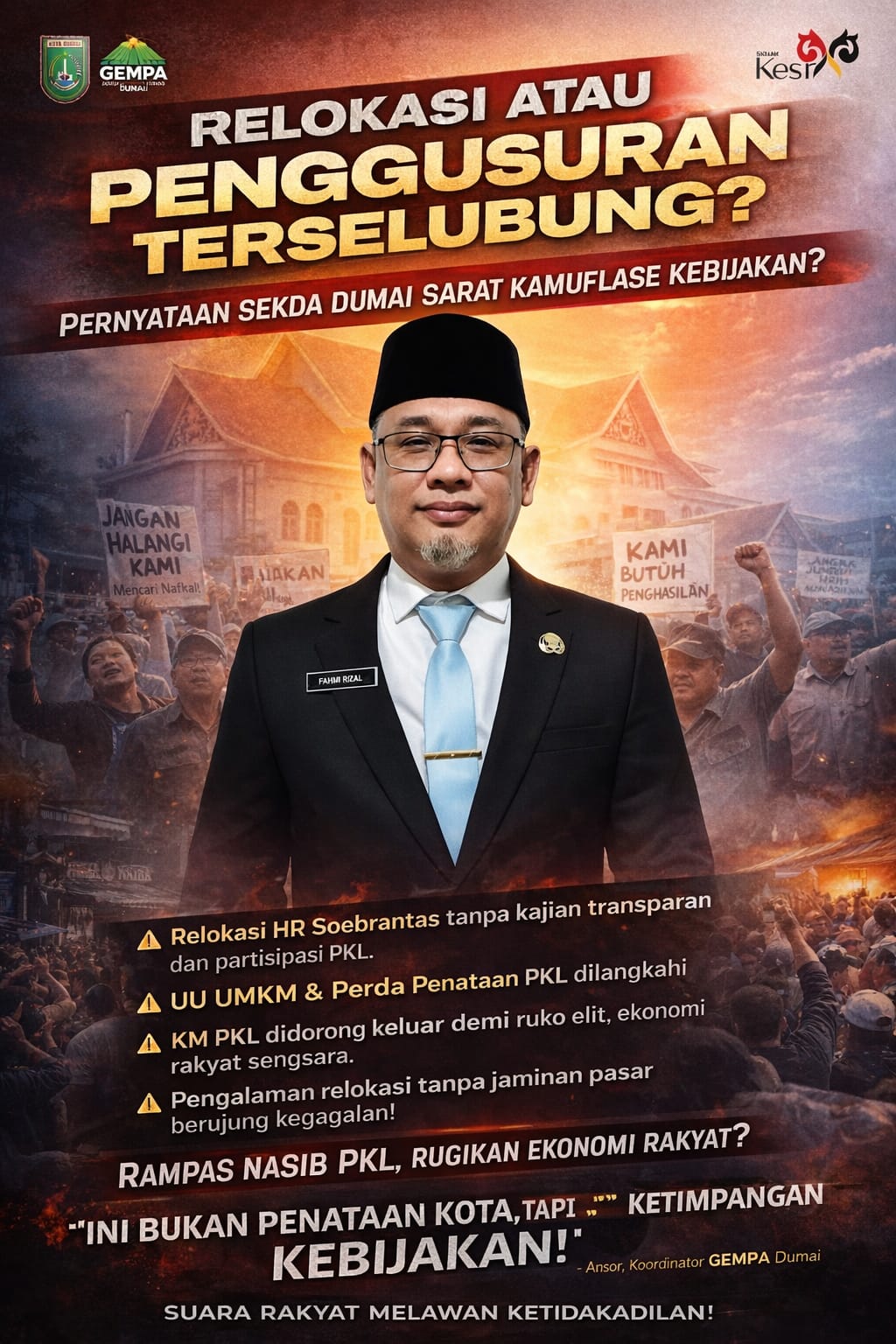 Relokasi atau Penggusuran Terselubung? GEMPA Nilai Pernyataan Sekda Dumai Manipulatif dan Sarat Kamuflase Kebijakan