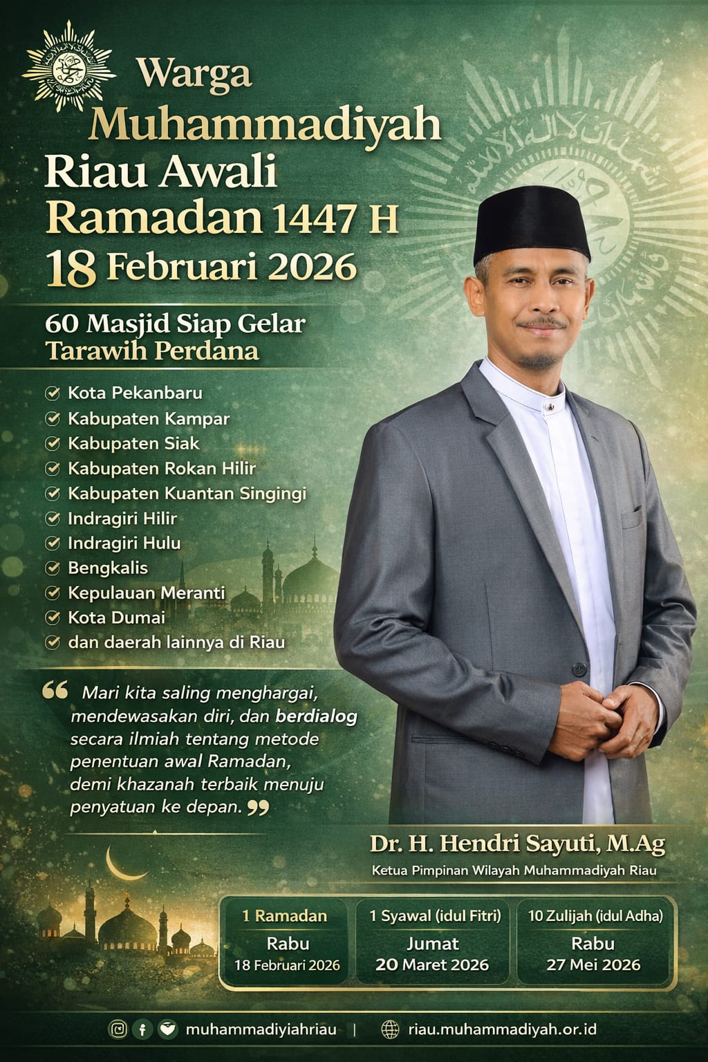Warga Muhammadiyah Riau Awali Puasa Ramadhan Pada 18 Februari 2026, Berikut Masjid dan Mushalla Lokasi Shalat Tarawih Malam Ini