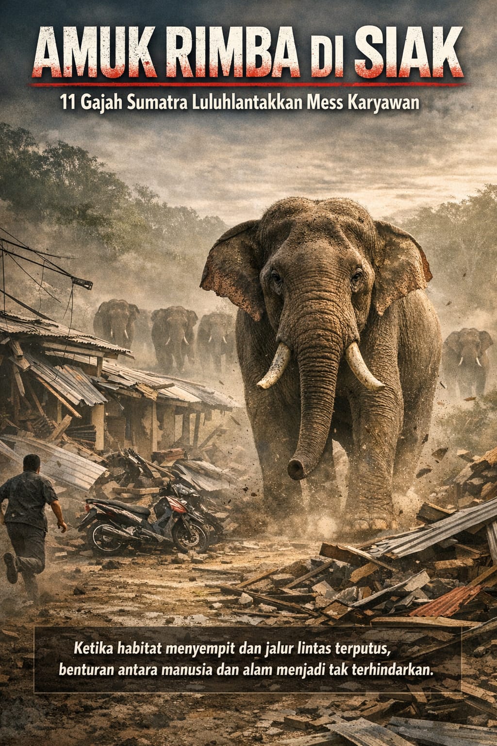 AMUK RIMBA DI SIAK: 11 Gajah Sumatra Luluhlantakkan Mess Karyawan PT Arara Abadi