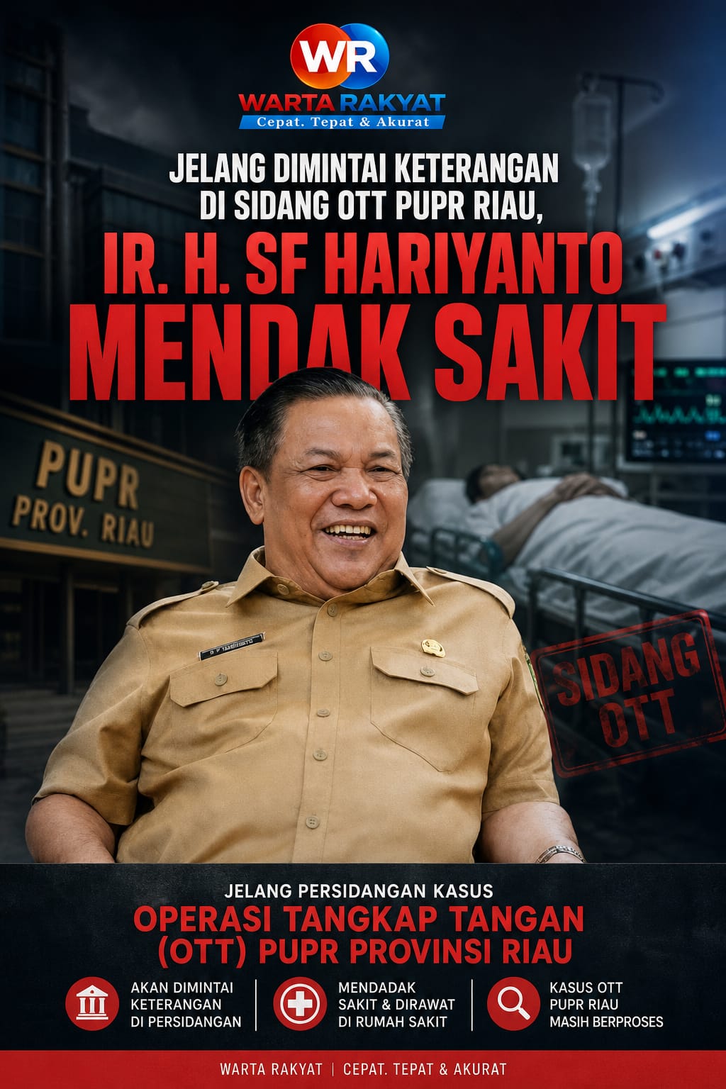 Jelang Dimintai Keterangan di Sidang OTT PUPR Riau, IR. H. SF Hariyanto Mendadak Dirawat di RSUD Arifin Achmad Pekanbaru